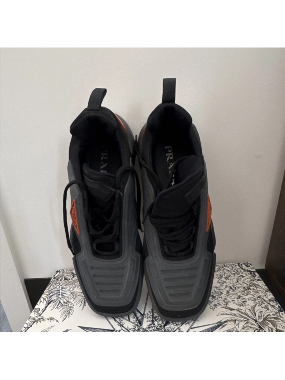 PRADA 2EG314 Men's Low Top Lace Up Sneakers Gray Black Orange Casual Athletic - Picture 2 of 5